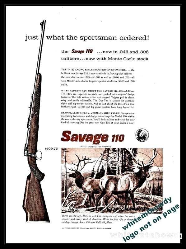 1958 SAVAGE 110 .243 or .308 Rifle PRINT AD Elk Hunting-img-0