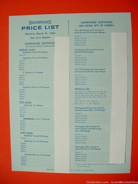 Scarce 1964 OEM BROWNING Catalog Companion Retail Price List XLNT !-img-0