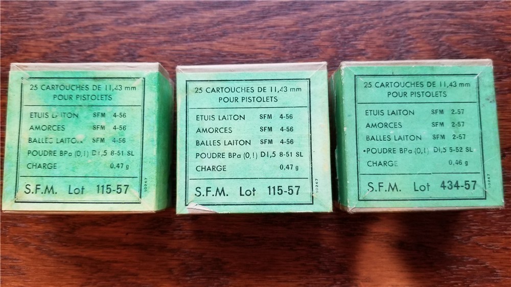Rare French .45 ACP Military surplus pistol ammo 3 boxes of 25.-img-0