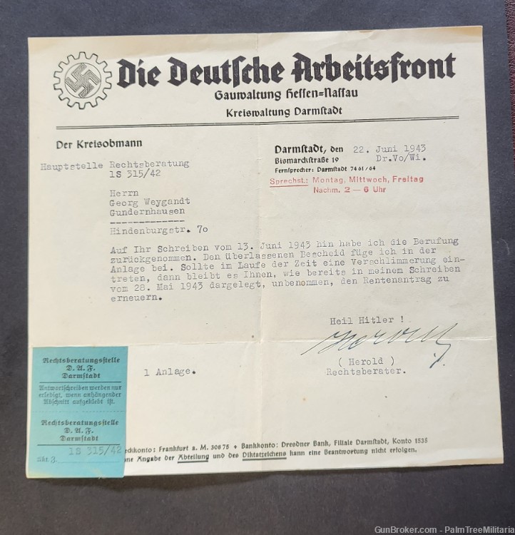 WW2 WWII German Third Reich DAF NSDAP party document 1943 w slogan HH! Heil-img-0