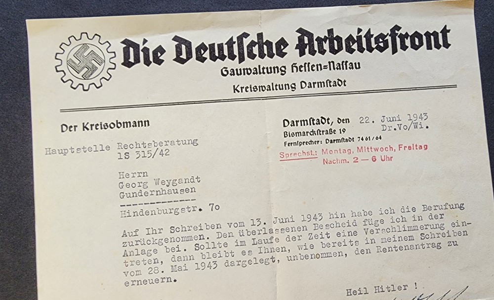 WW2 WWII German Third Reich DAF NSDAP party document 1943 w slogan HH! Heil-img-1
