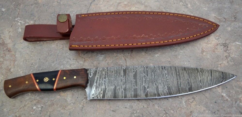 Custom Made Damascus Steel Chef / Hunting Knife Walnut Wood Handle (SK124)-img-0