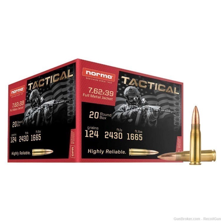 500 Rounds Norma 295540020 Tactical 7.62x39 124gr. FMJ-img-0