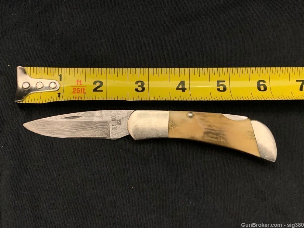 BEAR MGC DAMASCUS BONE STAG HANDLE POCKET KNIFE-img-11