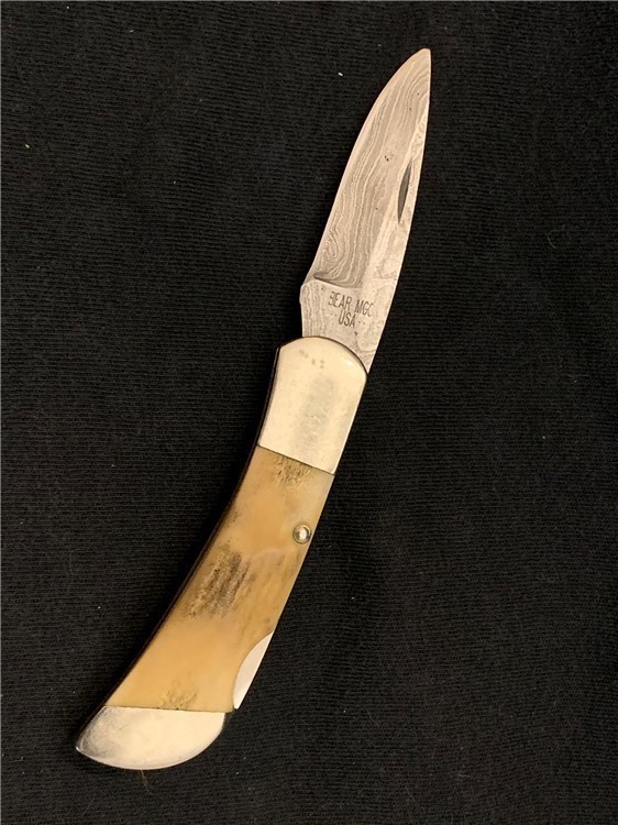 BEAR MGC DAMASCUS BONE STAG HANDLE POCKET KNIFE-img-0