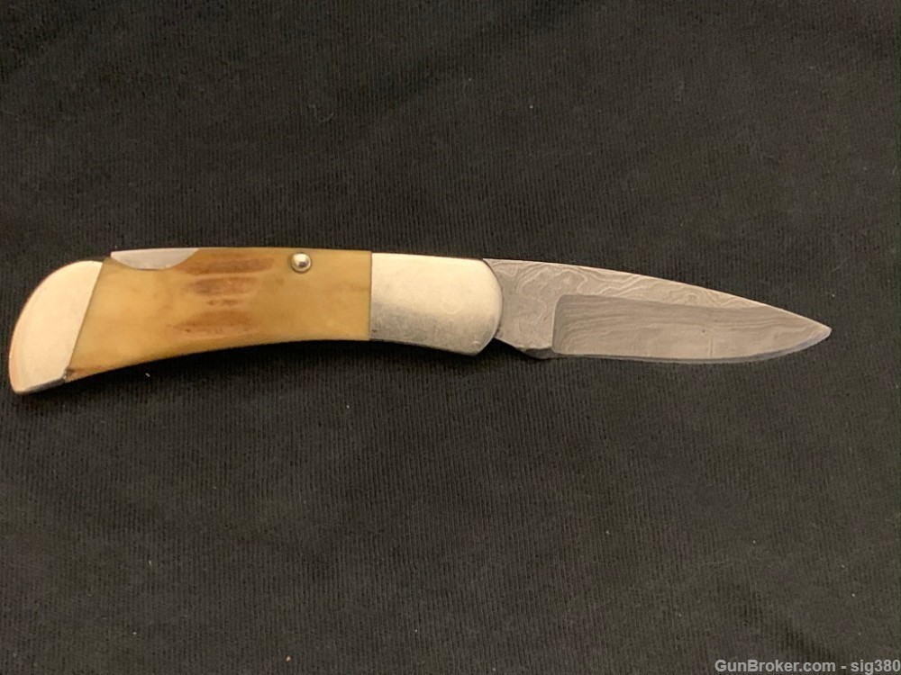 BEAR MGC DAMASCUS BONE STAG HANDLE POCKET KNIFE-img-8