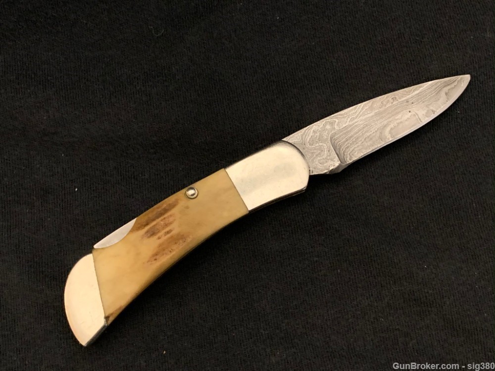 BEAR MGC DAMASCUS BONE STAG HANDLE POCKET KNIFE-img-6