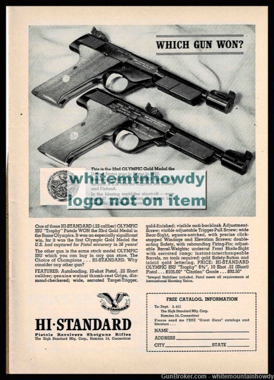 1962 HI-STANDARD Olympic ISU Pistol Original PRINT AD-img-0