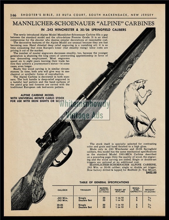 1966 MANNLICHER SCHOENAUER Alpine Carbine 243 Win 30/06 Springfld PRINT AD-img-0