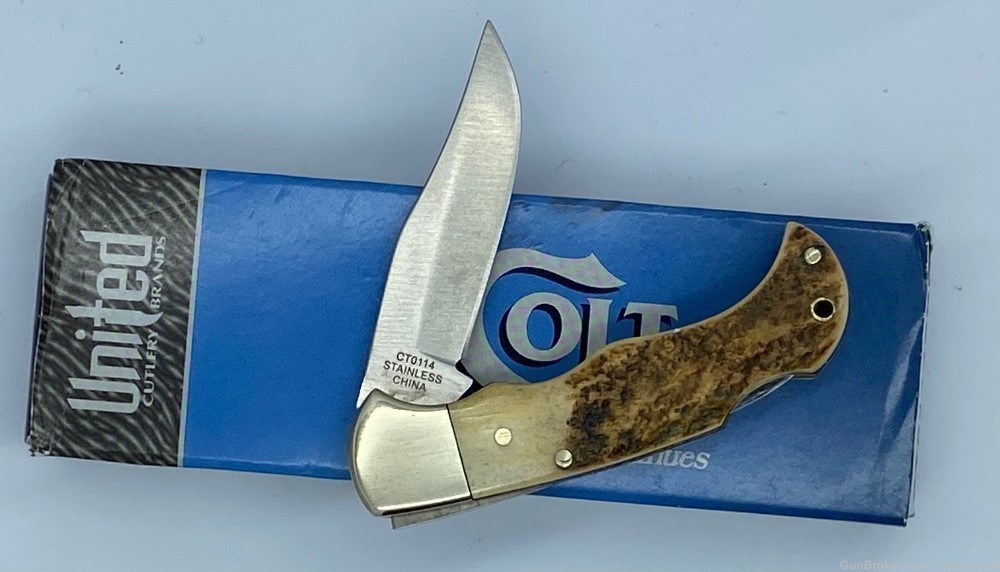 COLT BY UNITED CUTLERY STAG POCKET KNIFE SMALL LOCKBACK NOS w BOX-img-1