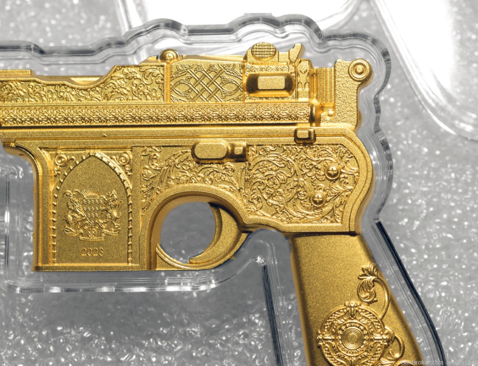 Miniature Mauser C96 - 2oz .999 pure silver replica fully gilded in gold-img-5