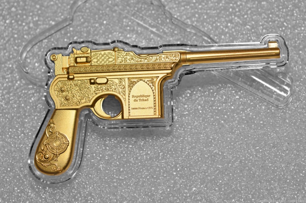 Miniature Mauser C96 - 2oz .999 pure silver replica fully gilded in gold-img-2