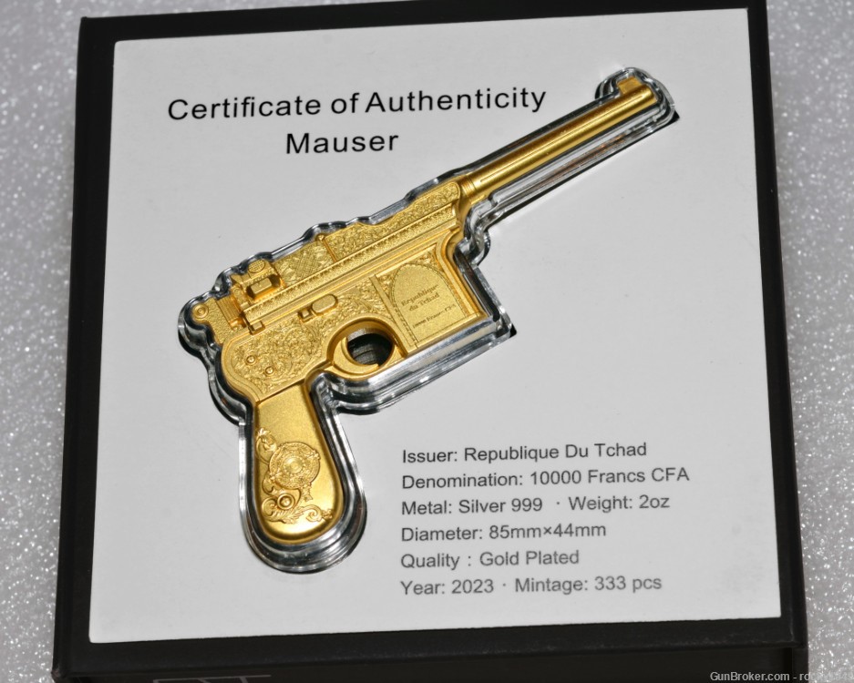 Miniature Mauser C96 - 2oz .999 pure silver replica fully gilded in gold-img-0