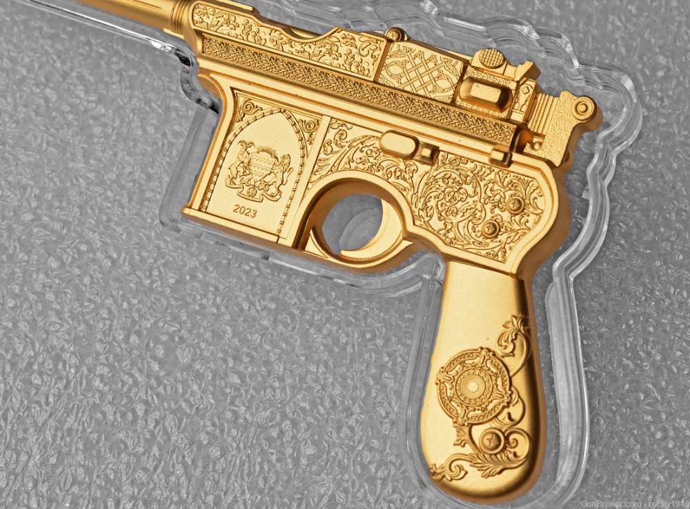 Miniature Mauser C96 - 2oz .999 pure silver replica fully gilded in gold-img-4