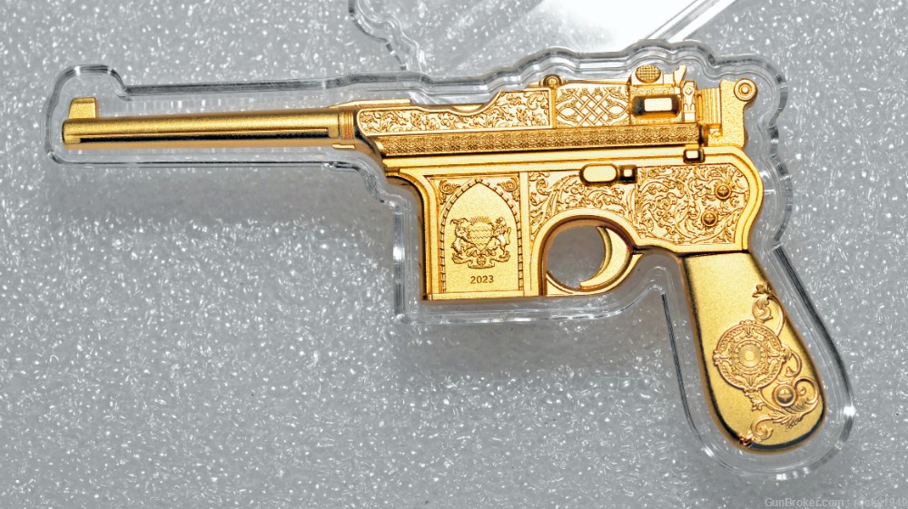 Miniature Mauser C96 - 2oz .999 pure silver replica fully gilded in gold-img-1