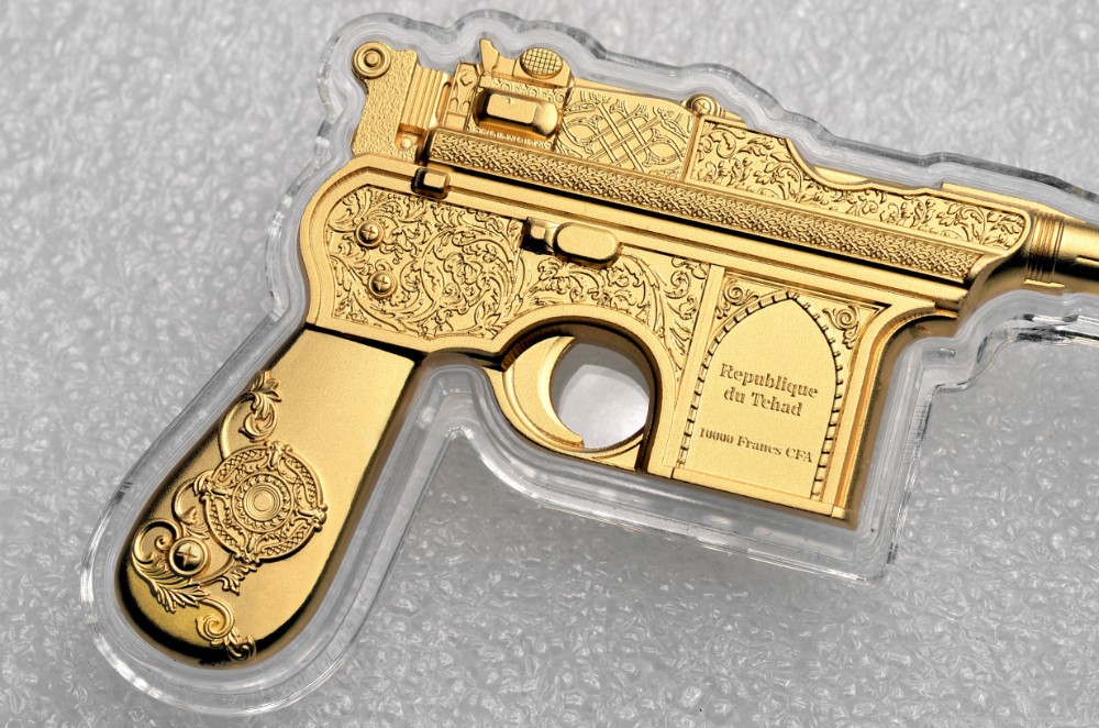 Miniature Mauser C96 - 2oz .999 pure silver replica fully gilded in gold-img-3