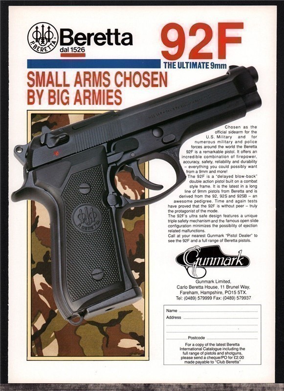 1993 BERETTA 92F 9mm Pistol British UKPistol  PRINT AD-img-0