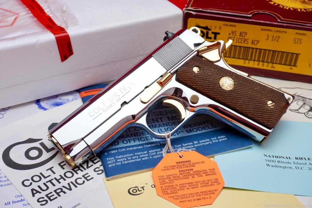 1987 Colt Officers MKIV .45ACP In Box *BRIGHT STAINLESS/GOLD FINISH*-img-0