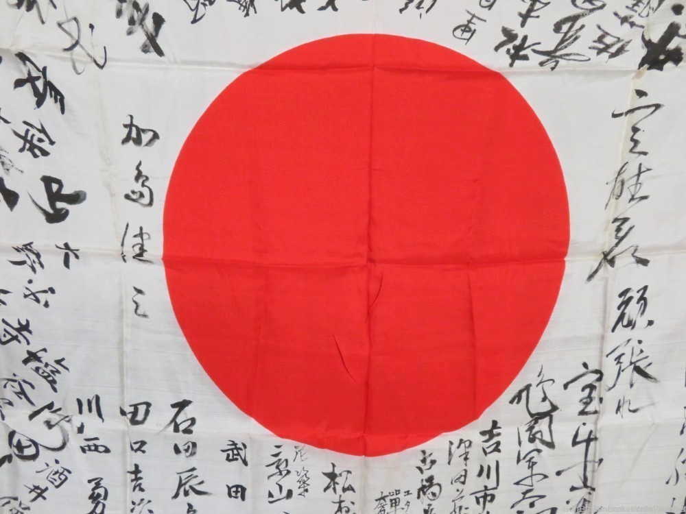 JAPANESE WWII HINOMARU MEATBALL FLAG W/ SIGNED KANJI & TEMPLE STAMP-img-12