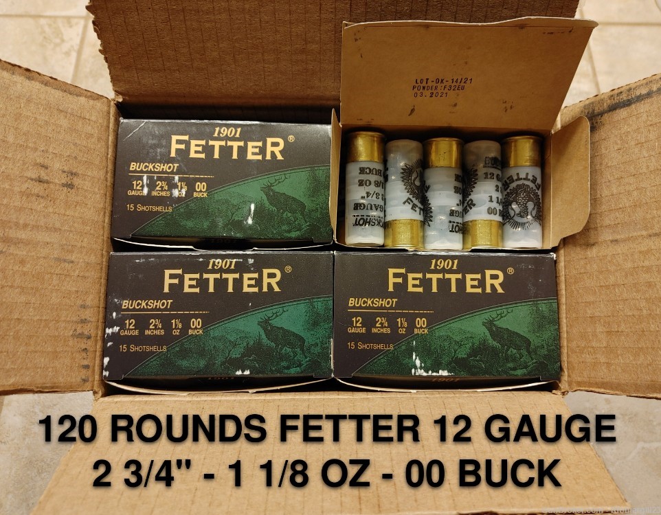 120 Rounds Fetter 12 Gauge 2 3/4" 1 1/8 Oz 9 Pellet 00 Buckshot-img-0