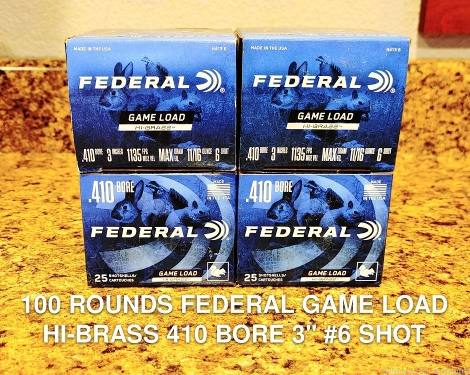 100 Rounds Federal Game Load Hi-Brass 410 Bore 3" #6 Lead Shot-img-0