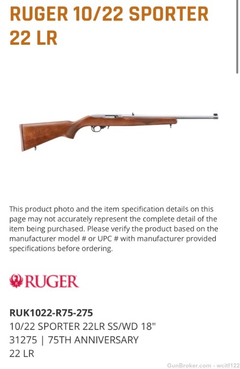 Ruger 10/22 Sporter 75th Anniversary Edition New in Box-img-0