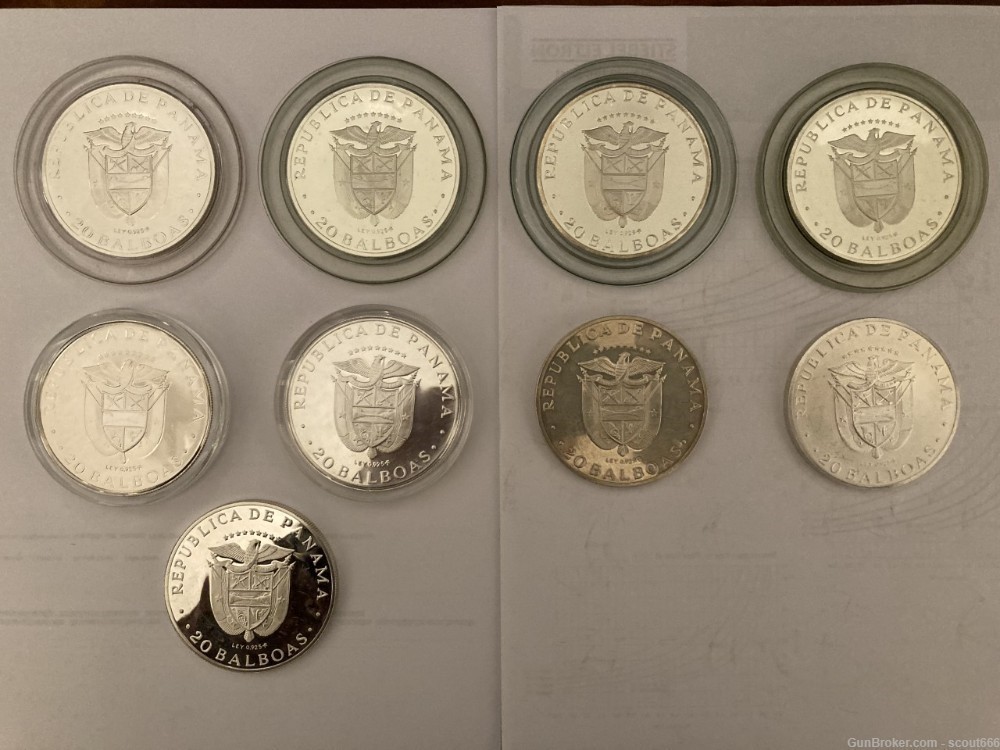 Lot of 9 Panama 20 Balboa Coins .925 Silver 3.8539 Troy Ounces Silver each-img-1