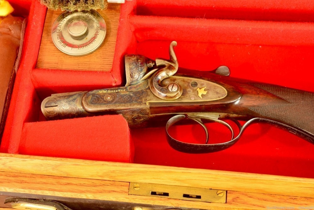 WW Greener cased High grade gold inlaid 8 gauge hammer gun-img-2