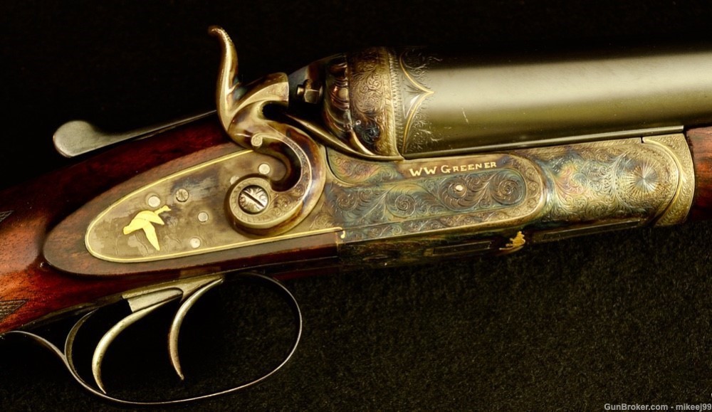 WW Greener cased High grade gold inlaid 8 gauge hammer gun-img-26