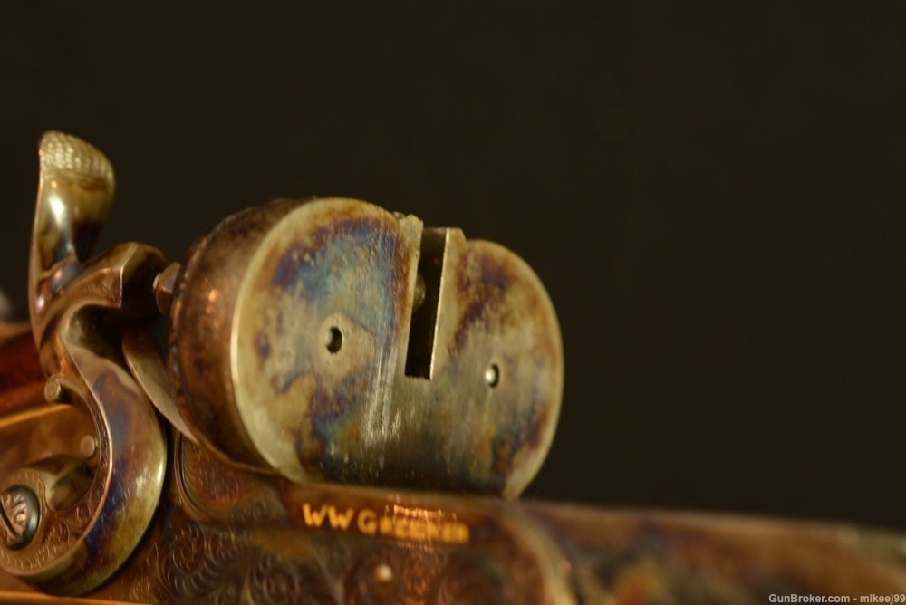 WW Greener cased High grade gold inlaid 8 gauge hammer gun-img-36