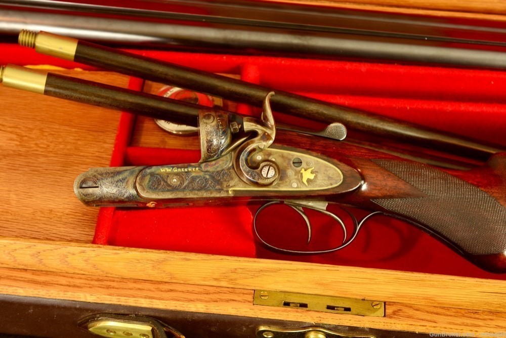 WW Greener cased High grade gold inlaid 8 gauge hammer gun-img-12