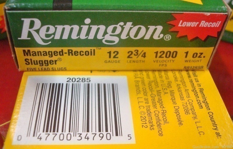100 Remington 12 ga Slugger Slugs 2 3/4" RR12RSB 1200 FPS Low Recoil-img-1