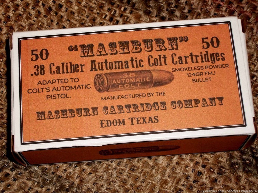 38  Colt Automatic 124gr FMJ Mashburn Cartridge Company 50rds NEW-img-0