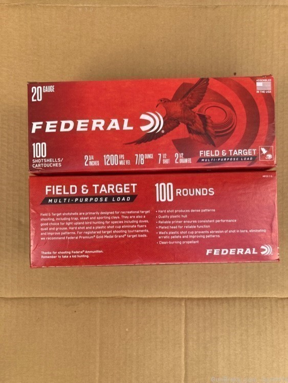 200 rounds of 20ga Federal Field and Target 2.75" 7/8oz 7.5 shot-img-1