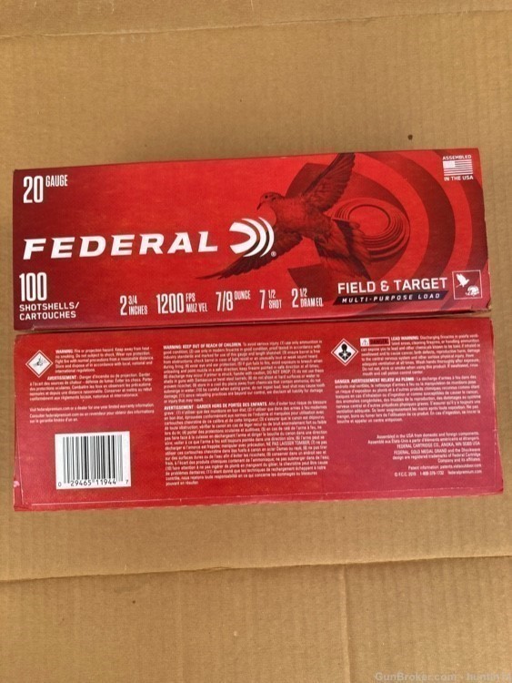 200 rounds of 20ga Federal Field and Target 2.75" 7/8oz 7.5 shot-img-0