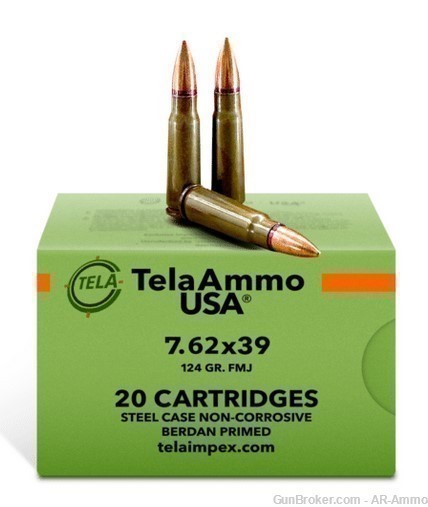 7.62x39 124GR FMJ TelaAmmo USA Ammo 100rds NO CC FEE.-img-0