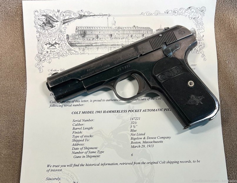 1913 Colt 1903 Pocket Hammerless  Type 3, 32 ACP FACTORY LETTER -img-0