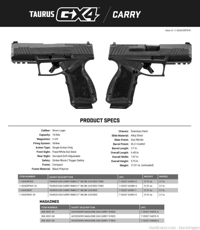 Taurus 1GX4CRP941 GX4 Carry 9mm 15+1, 3.7" Satin Black Optic Cut Polymer -img-2