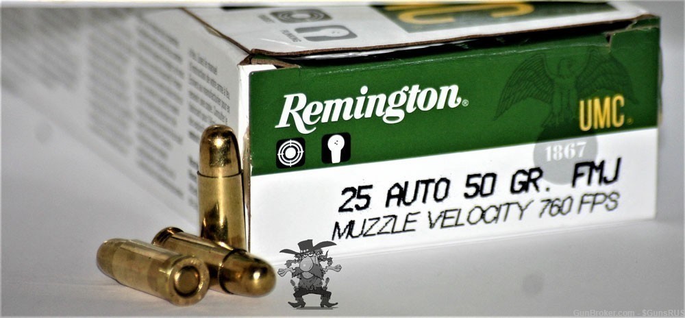 25 acp Remington UMC 25 Auto 50 Gr 25acp Brass Full Metal Jacket 50 Rounds-img-3