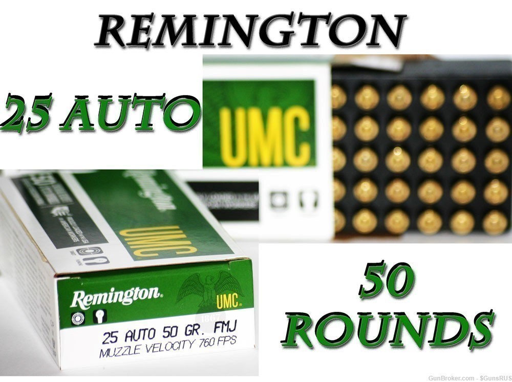 25 acp Remington UMC 25 Auto 50 Gr 25acp Brass Full Metal Jacket 50 Rounds-img-0