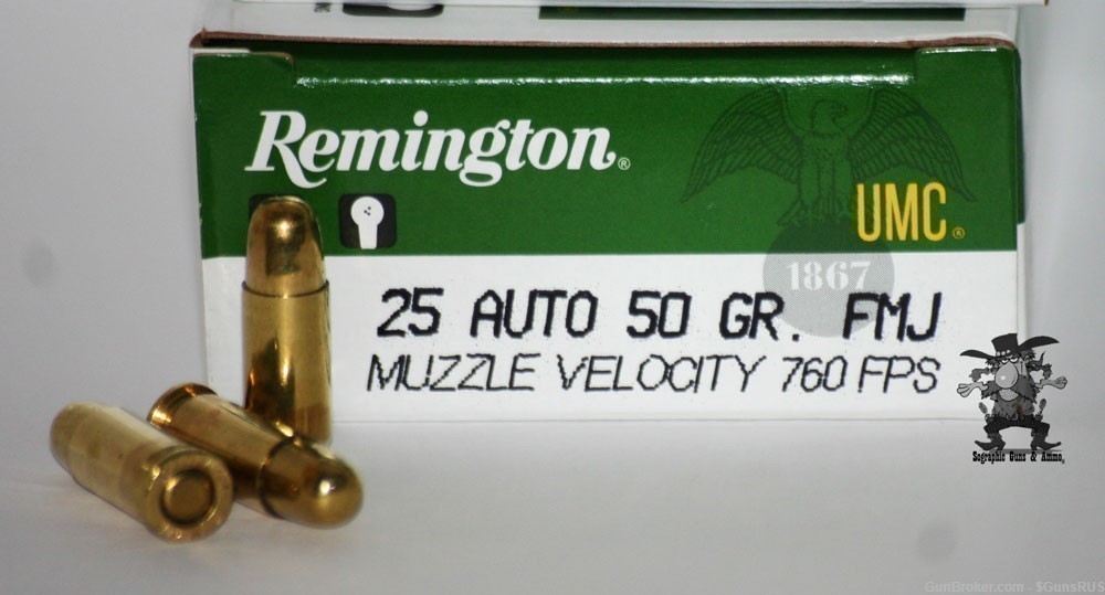 25 acp Remington UMC 25 Auto 50 Gr 25acp Brass Full Metal Jacket 50 Rounds-img-2