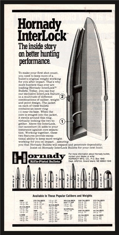 1984 HORNADY Interlock Bullets Vintage Ammunition PRINT AD-img-0