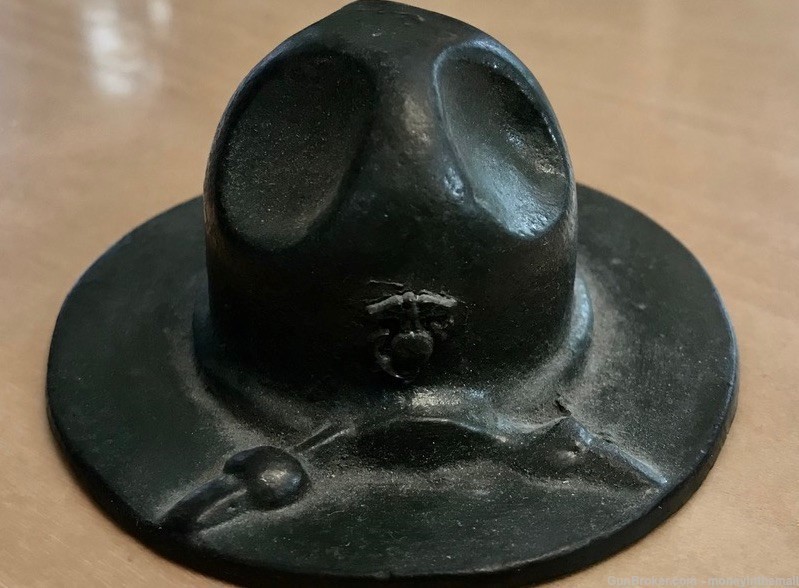 Vintage Cast Iron USMC Campaign Hat Paperweight Marine Smoky Bear Cover-img-0
