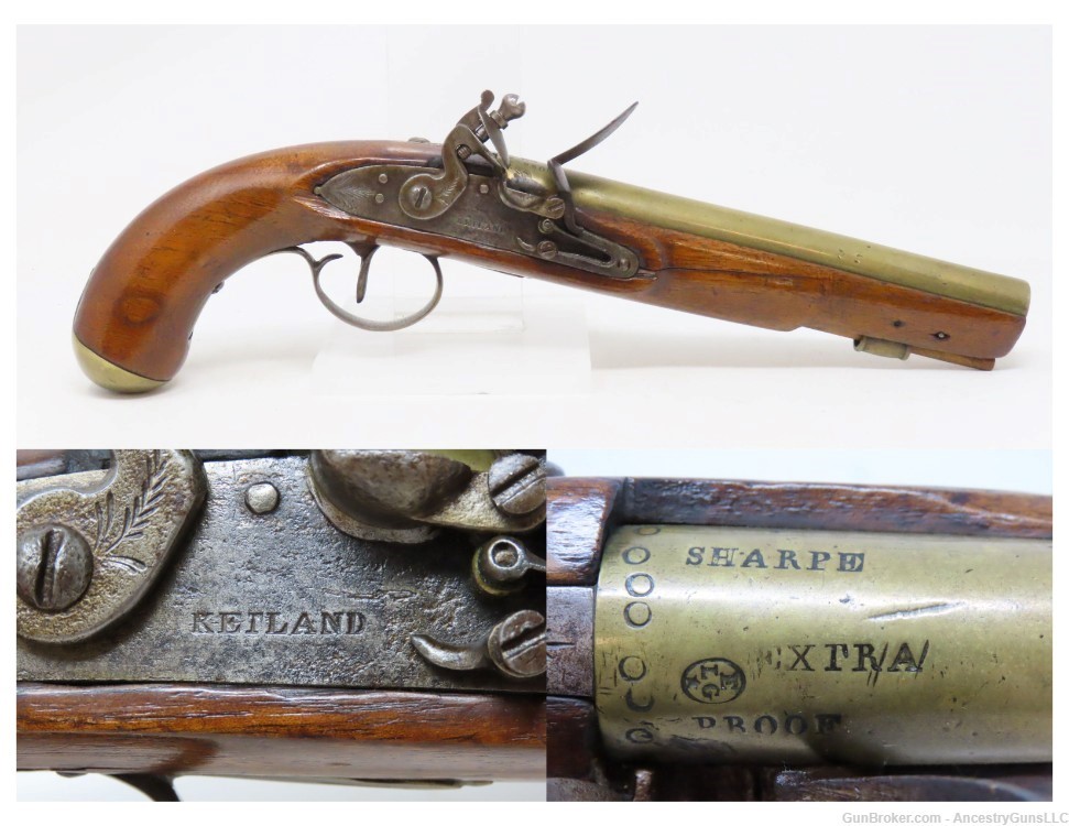 BRASS BARRELED Antique KETLAND-SHARPE EXTRA PROOF FLINTLOCK Pistol-img-0