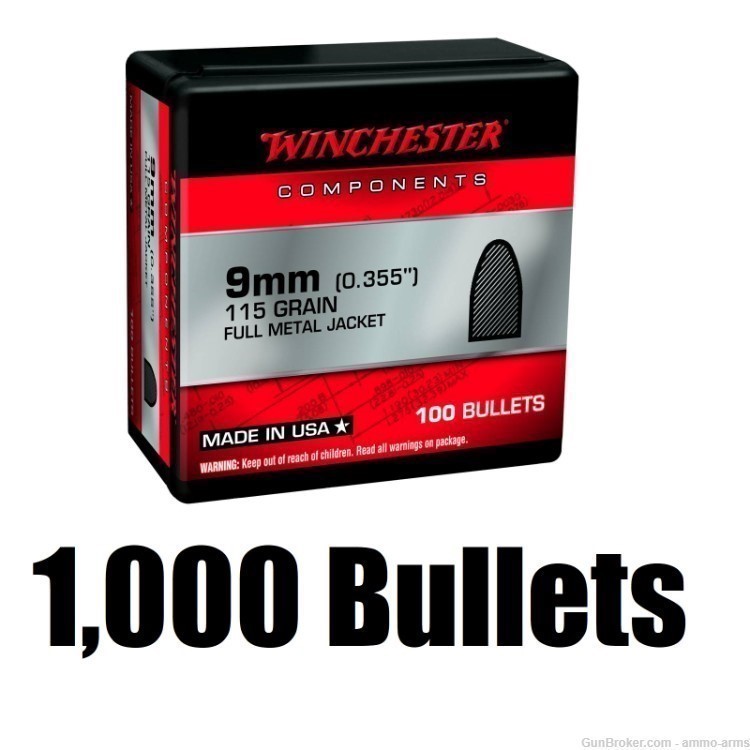 Winchester Components 9mm (0.355") 115 Grain Full Metal Jacket 1000 Bullets-img-1