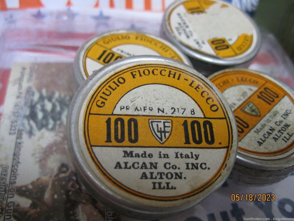 Scarce 217 B Alcan Fiocchi .217" BERDAN Primer 100 ct  5.5mm Tin; multiples-img-1