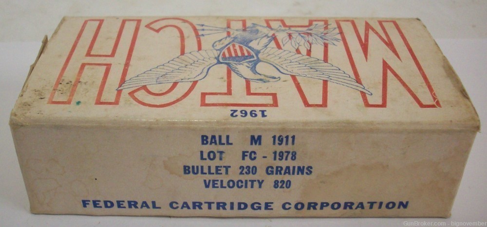1962 Federal Cartridge Corp. Match 45 Caliber Ammunition - 50 Rounds Ammo-img-1