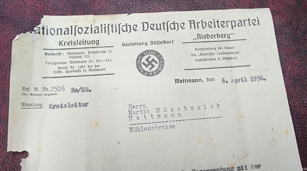WW2 WWII German Third Reich NSDAP party document from Kreisleiter 1936-img-1