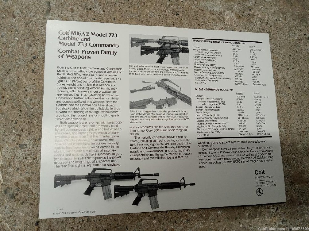 Colt M16A2 Model 723 Carbine and Model 733 Commando Specifications-img-1