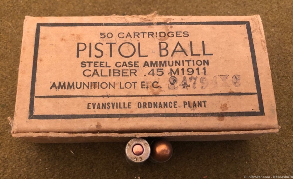 Original full box Evansville .45acp auto 50 rounds steel case WW2 1911 -img-0